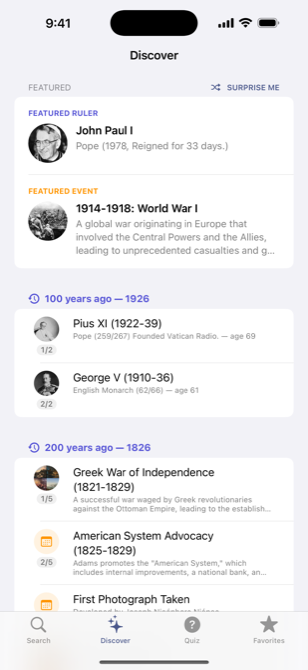 The Discover tab with featured ruler, event, and anniversaries