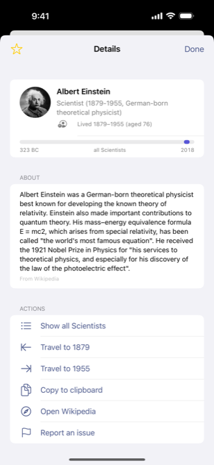 Albert Einstein's detail view with lifespan and era bar
