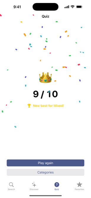 A new best quiz score with confetti