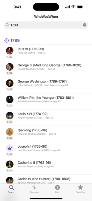 WhoWasWhen showing the rulers of 1789 with portraits and their ages
